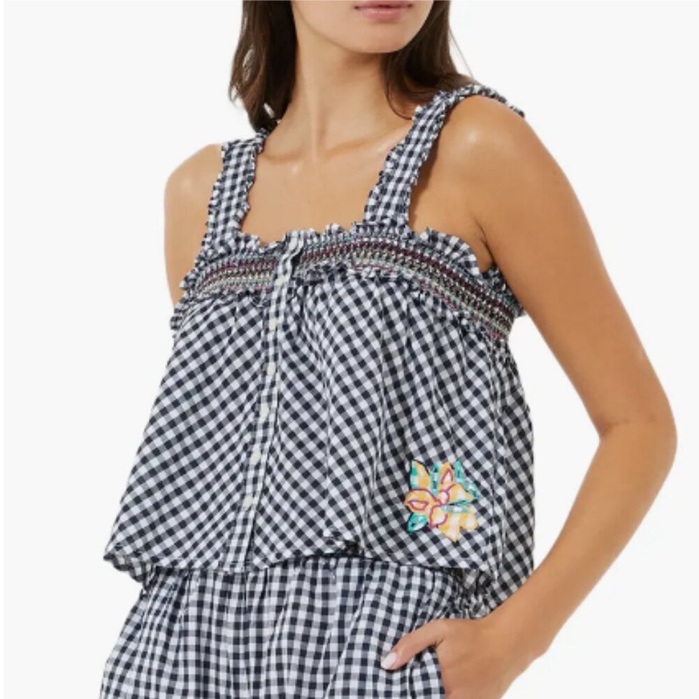 French Connection Adla Gingham Smocked Top MARINE-LINEN WHITE - XS